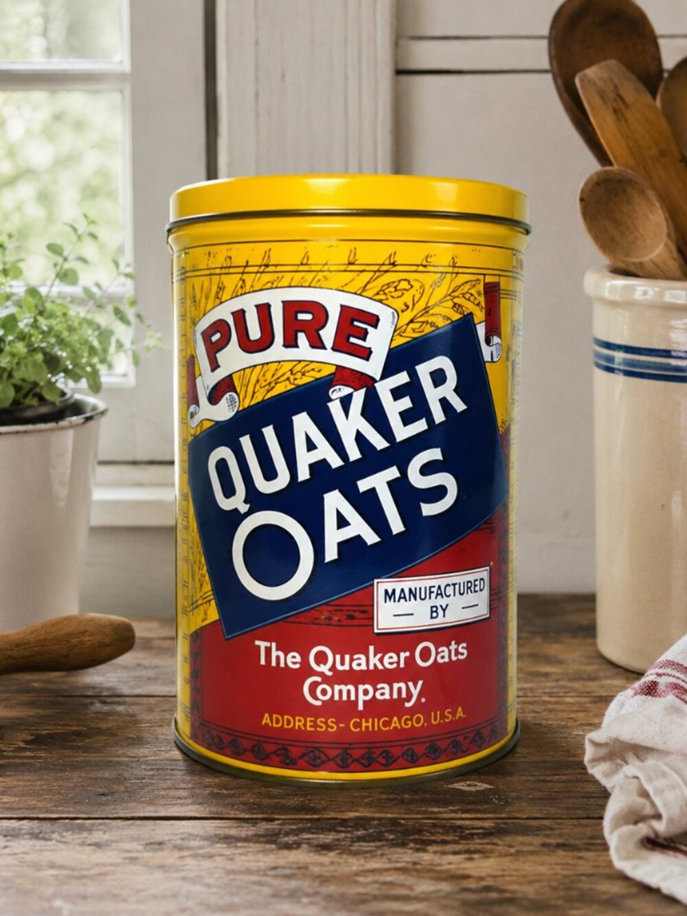 Quaker Rolled White Oats Vintage Yellow Red Tin - Quaker